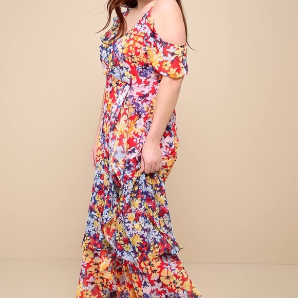 Radiant Ruby Red Floral Print Chiffon Maxi Dress - Picture 4 of 10